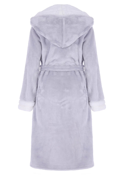 Womens Grey Sherpa Hooded Dressing Gown