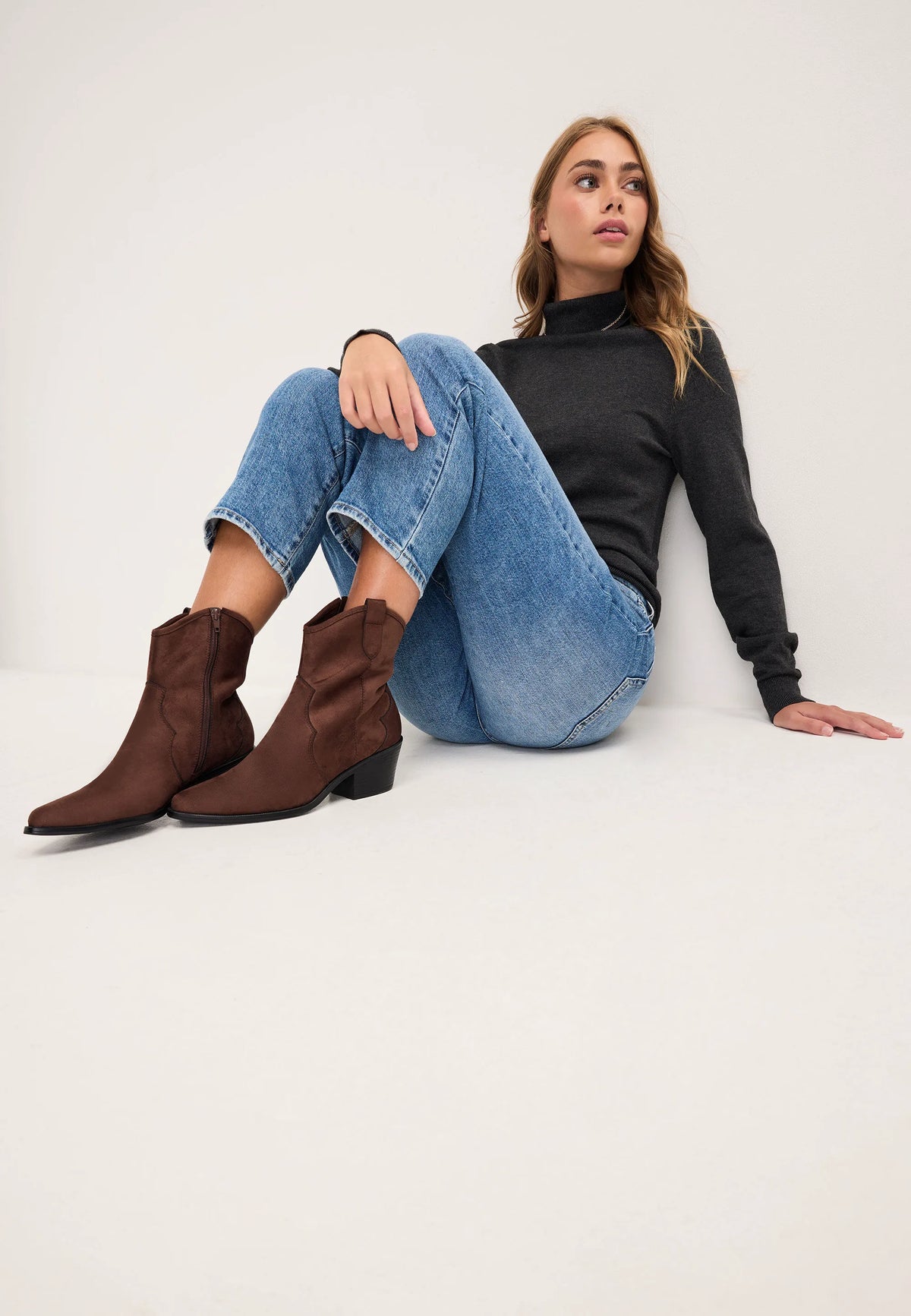 Womens Dark Brown Faux Suede Western Ankle Boots