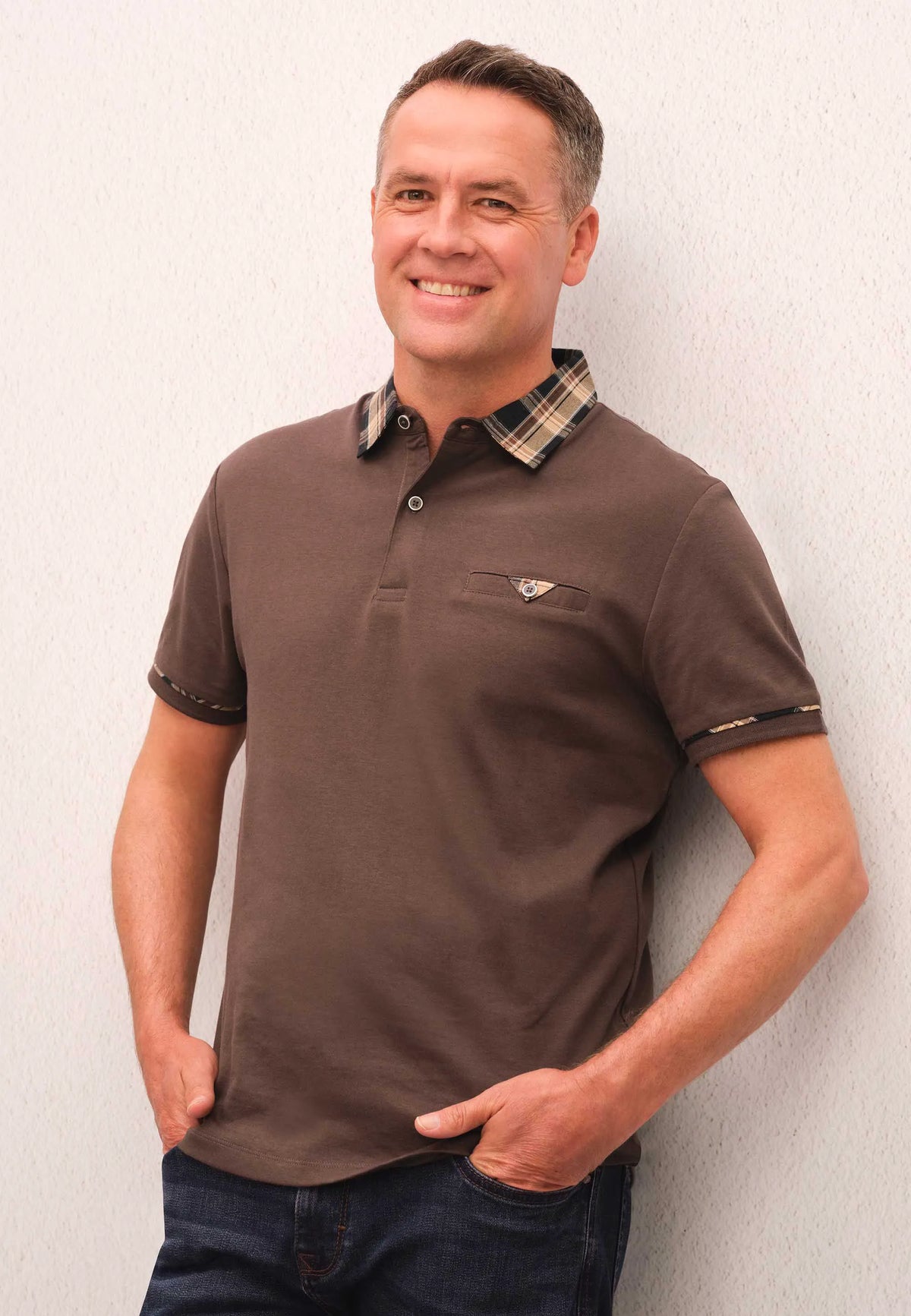 Mens Brown Woven Check Collar Polo Shirt