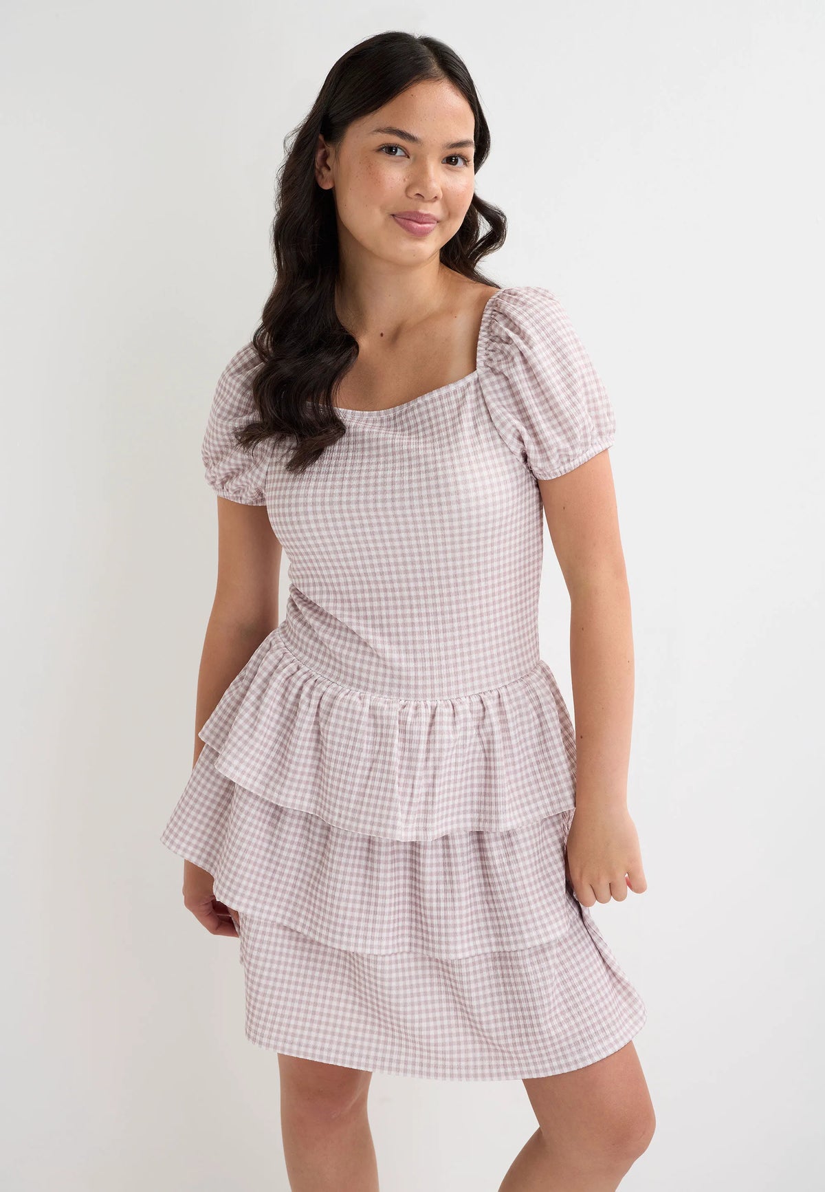 Older Girls Brown Gingham Tiered Ra-Ra Dress