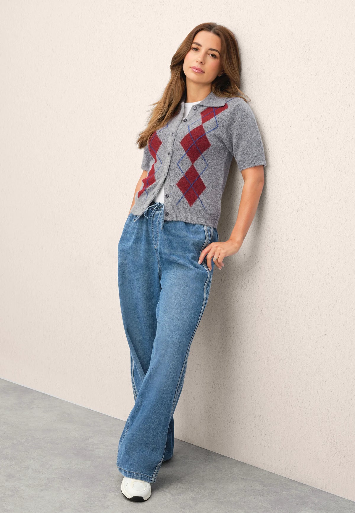 Womens Grey Argyle Collar Cardigan