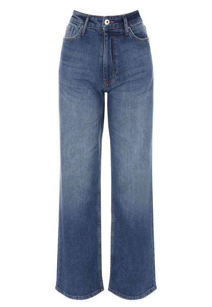 Womens Mid Blue Wash High Rise Wide Leg Jeans