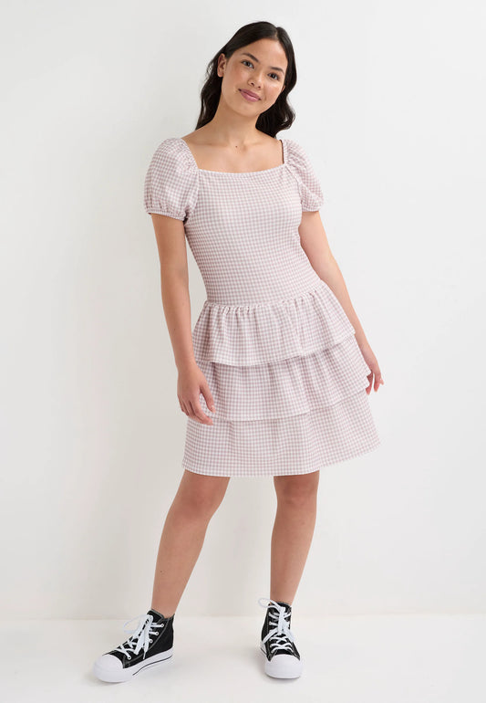 Older Girls Brown Gingham Tiered Ra-Ra Dress