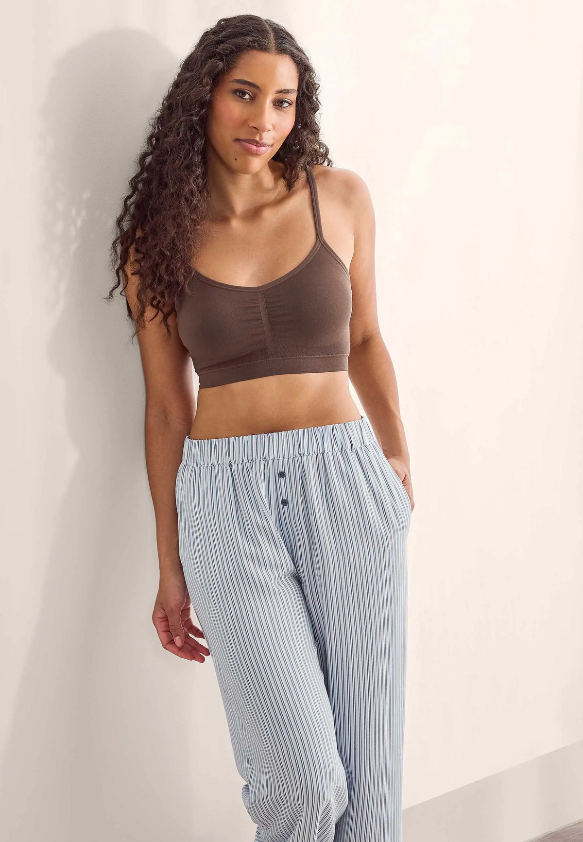 Womens Blue Woven Stripe Wide Leg Pyjama Bottoms