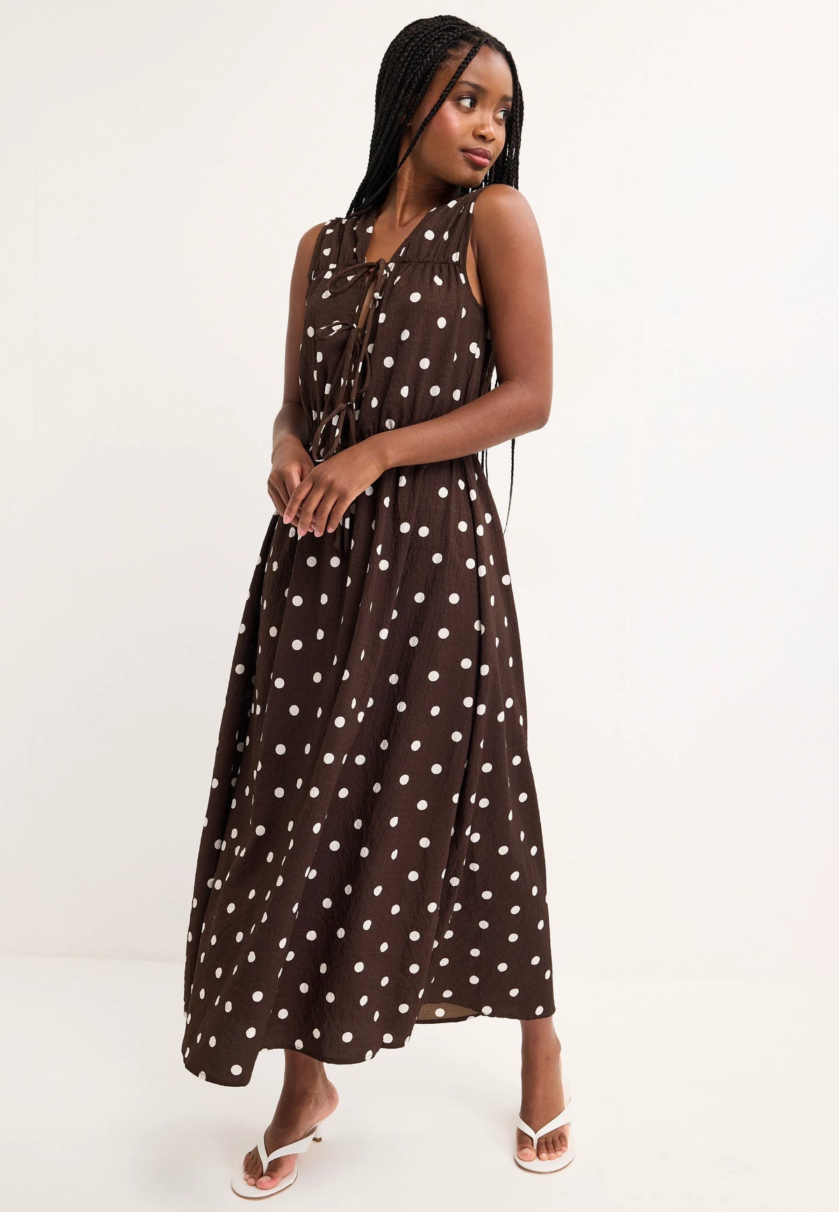 Womens Chocolate Polka Dot Tie Front Midi Dress