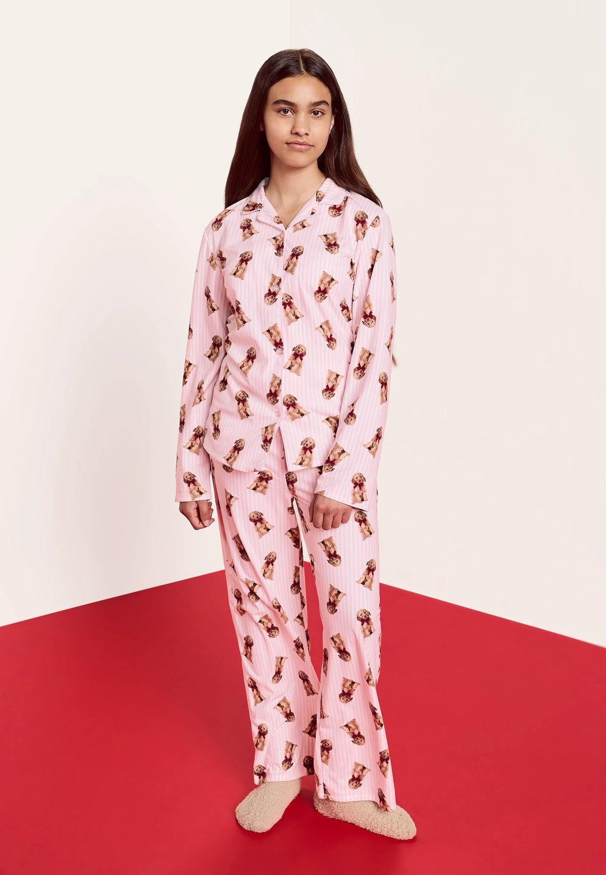 Girls Pink Stripe Dog Print Family Pyjama Set