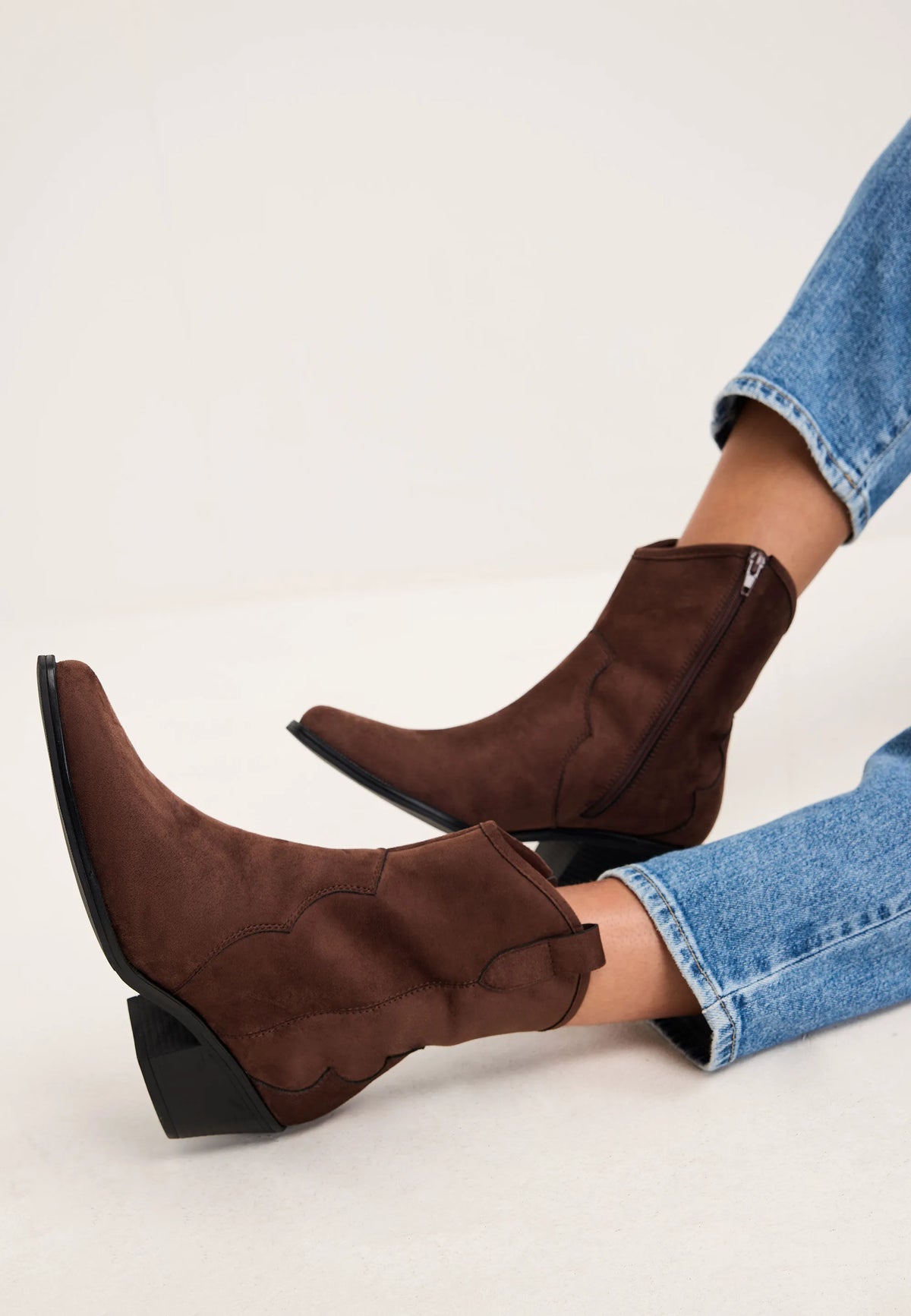 Womens Dark Brown Faux Suede Western Ankle Boots