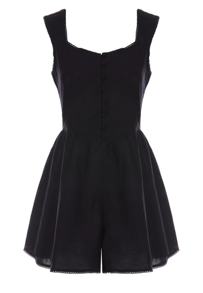 Womens Black Button Front Linen Blend Playsuit