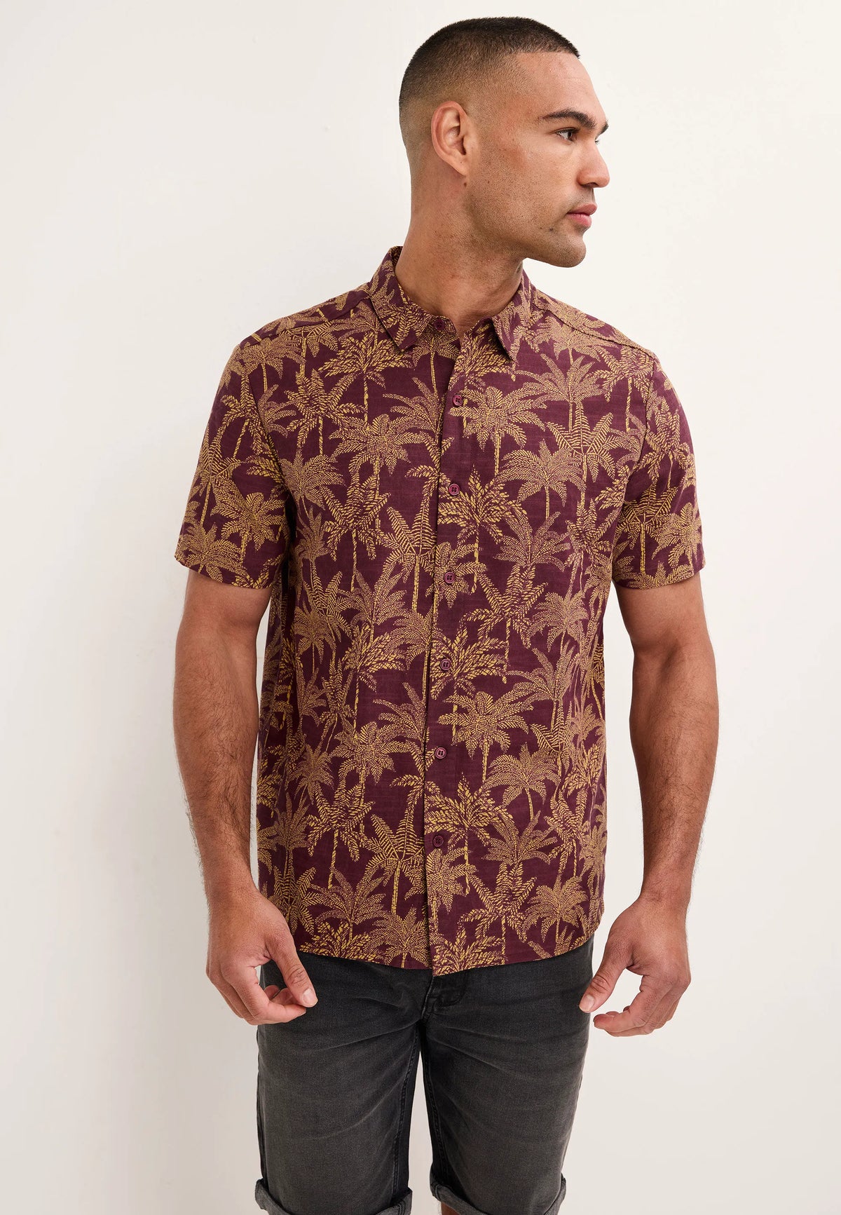 Mens Plum Palm Tree Short Sleeve Shirt