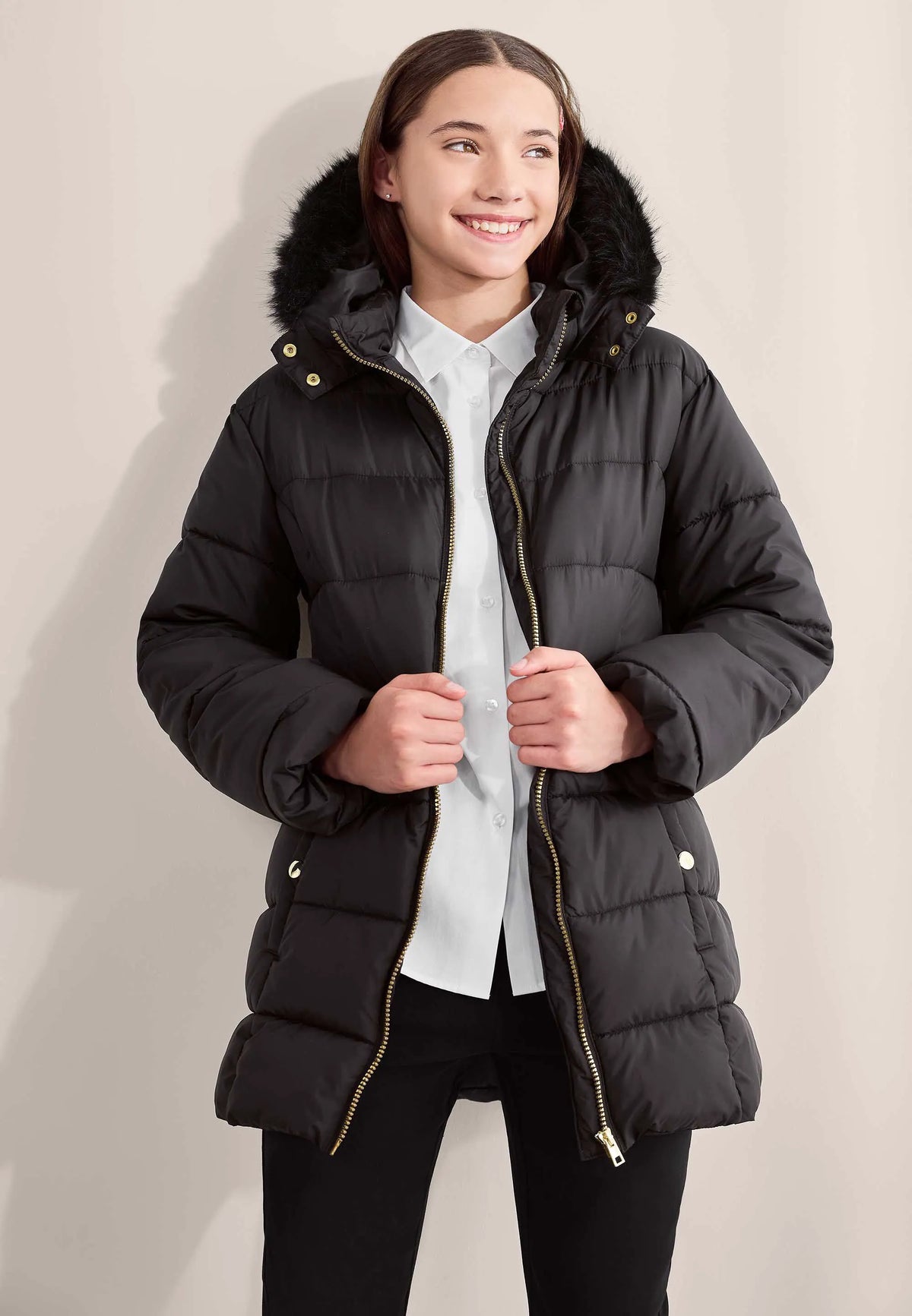 Older Girls Black Padded Longline Coat