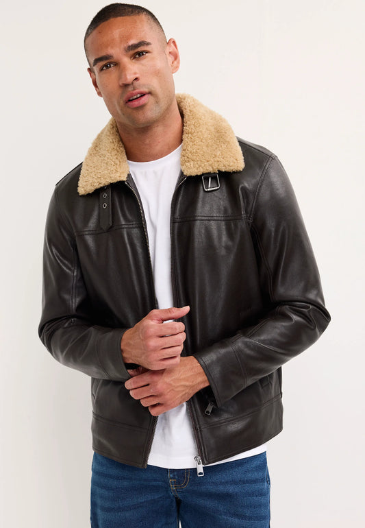 Mens Brown Faux Leather Aviator Jacket