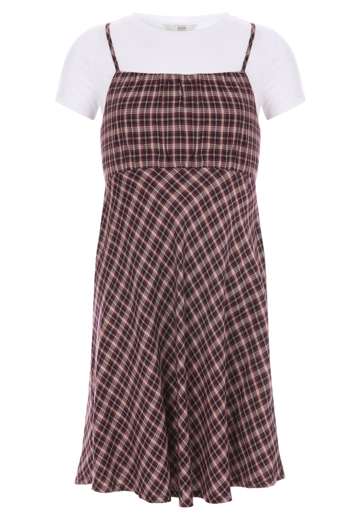 Older Girls Burgundy Check Dress & T-Shirt Set