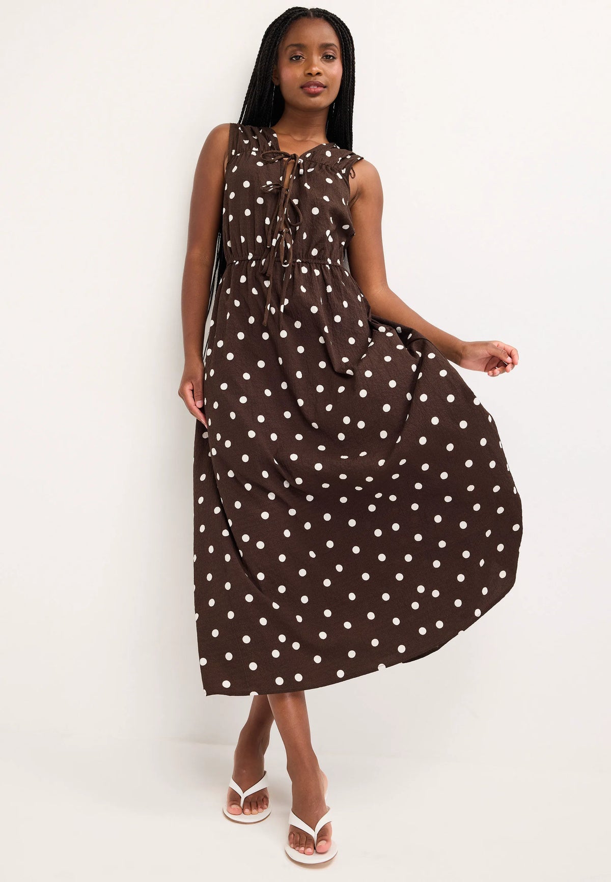 Womens Chocolate Polka Dot Tie Front Midi Dress