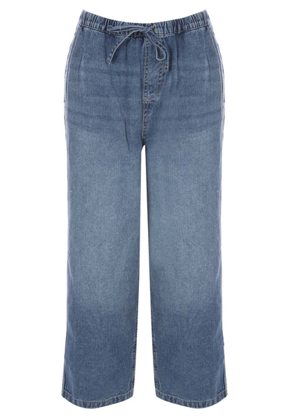 Womens Mid Blue Stripe Wide Leg Drawstring Jeans