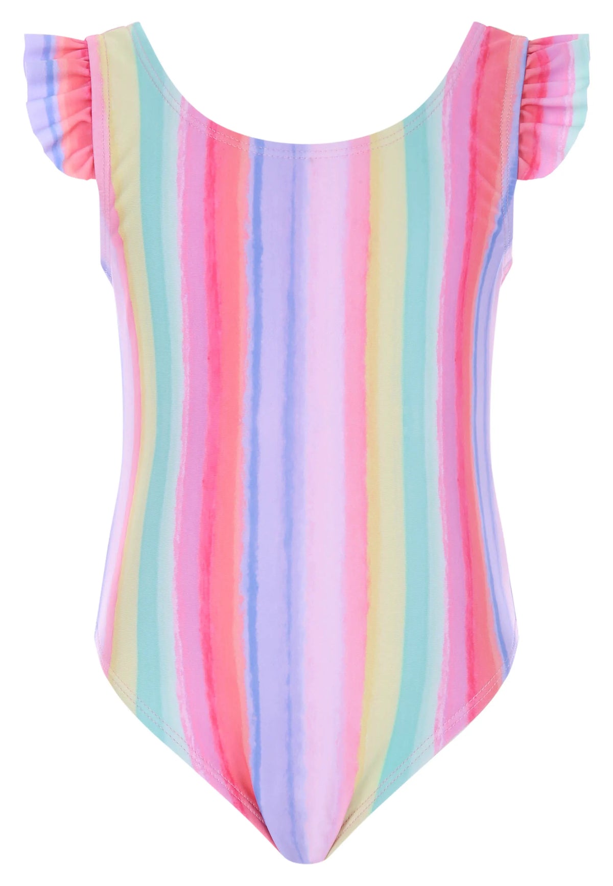 Younger Girls Pink Stripe Frill Sleeve Swimsuit