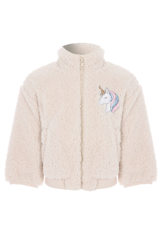 Younger Girls Cream Unicorn Borg Zip Through Jacket