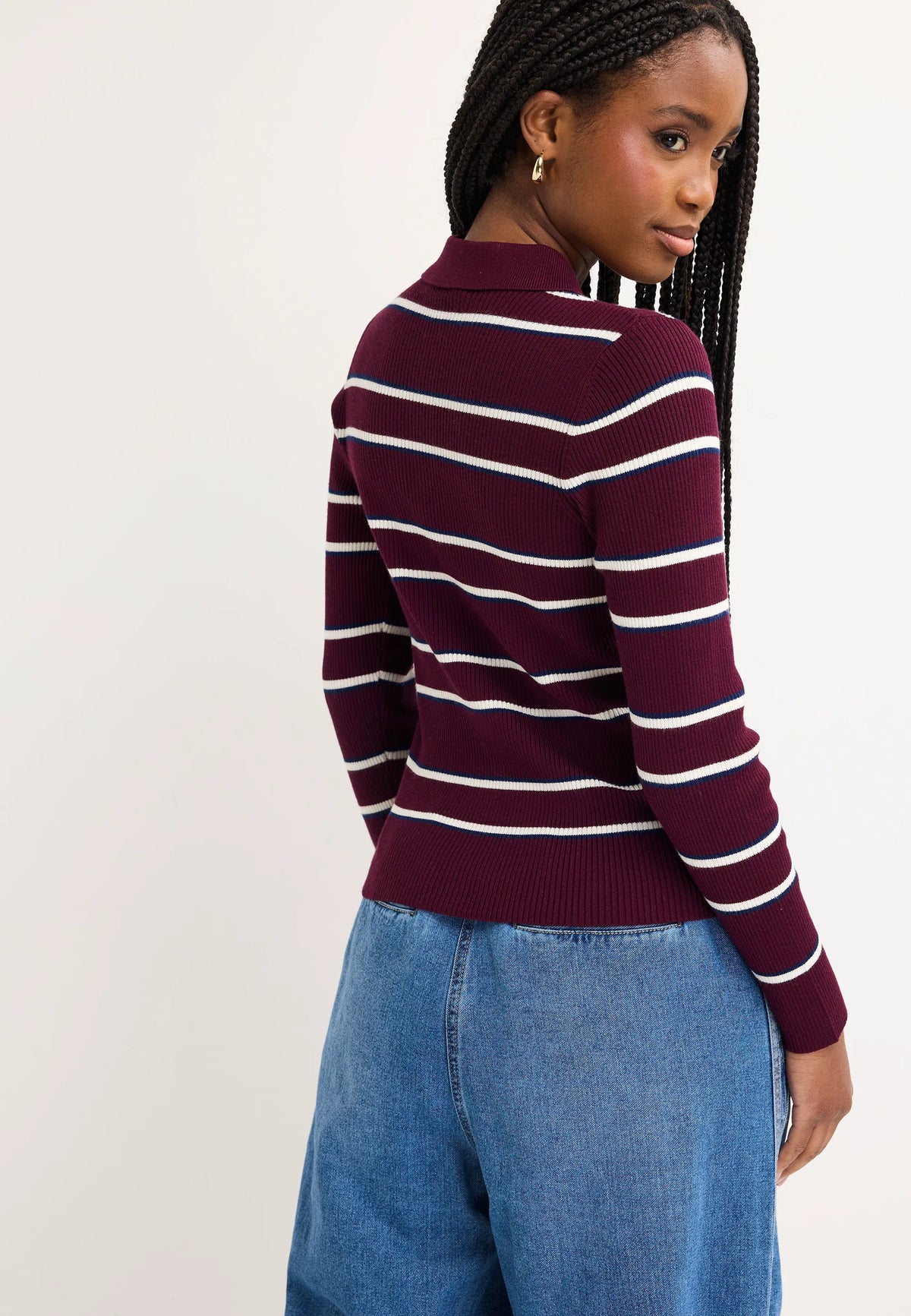Womens Plum Stripe Collar Jumper