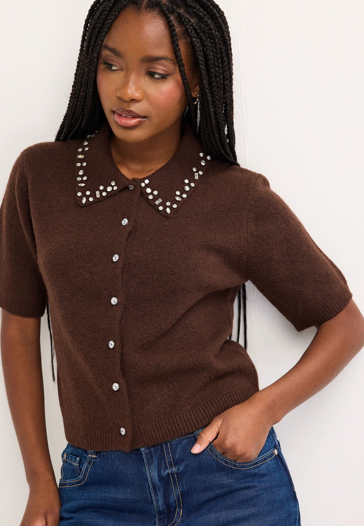 Womens Chocolate Brown Diamante Collar Cardigan