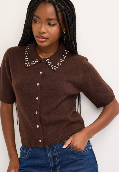 Womens Chocolate Brown Diamante Collar Cardigan