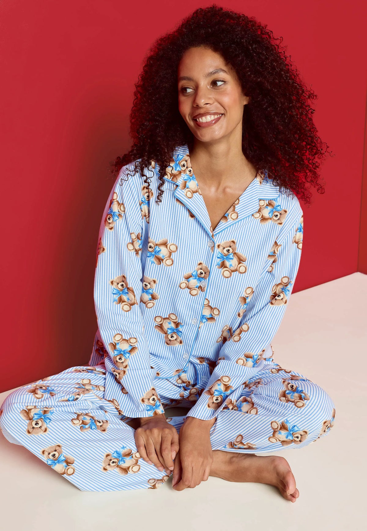 Unisex Adult Blue Stripe Bear Print Family Pyjama Set