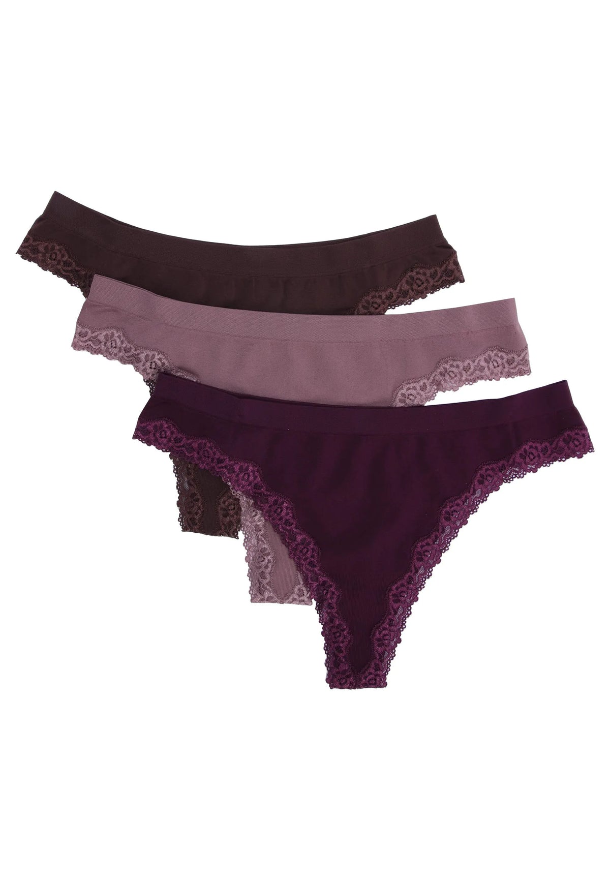 Womens 3pk Purple & Brown Lace Detail Seam Free Thongs