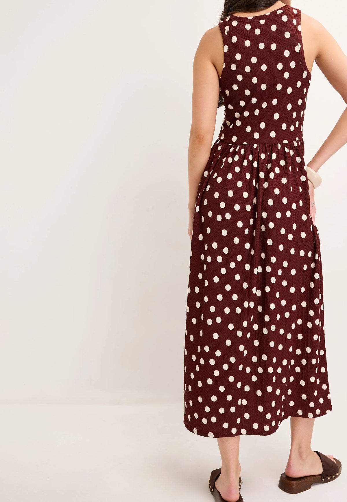 Womens Chocolate Brown Polka Dot Textured Dress
