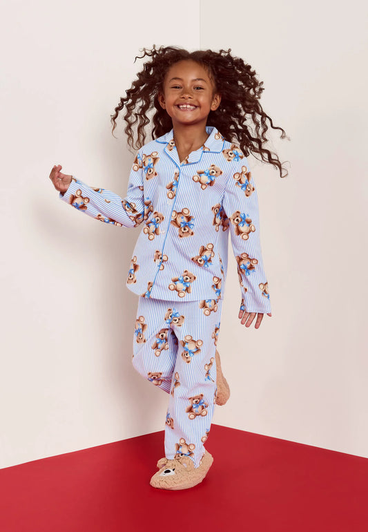 Unisex Kids Blue Stripe Bear Print Family Pyjama Set
