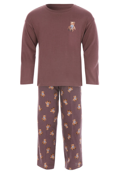 Girls Chocolate Brown Teddy Bear Long Pyjama Set