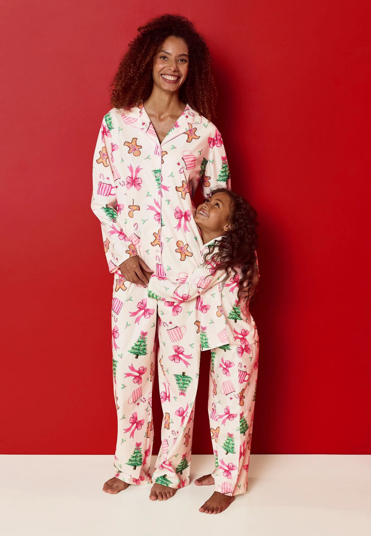 Womens Pink Gingerbread Bow Christmas Family Pyjama Set