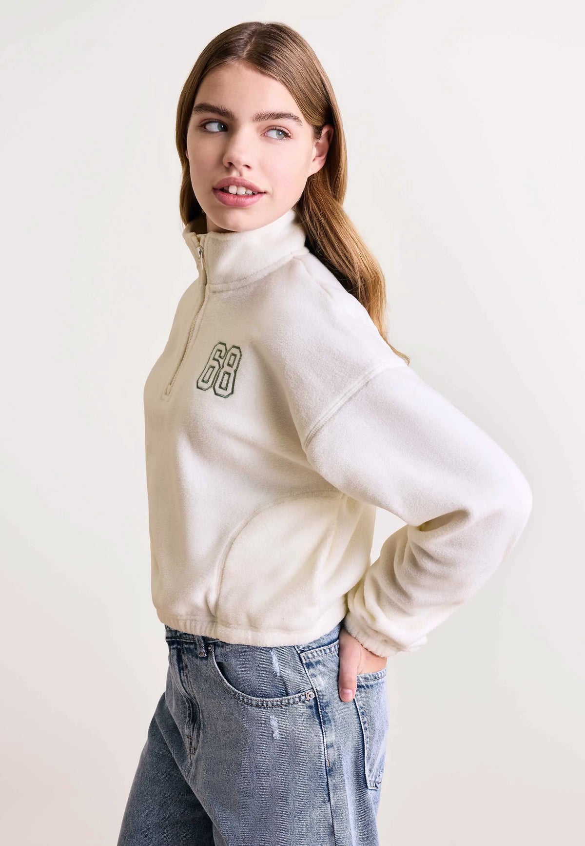 Older Girls Cream Half Zip Fleece Sweatshirt
