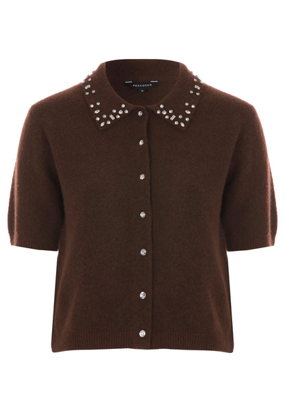 Womens Chocolate Brown Diamante Collar Cardigan