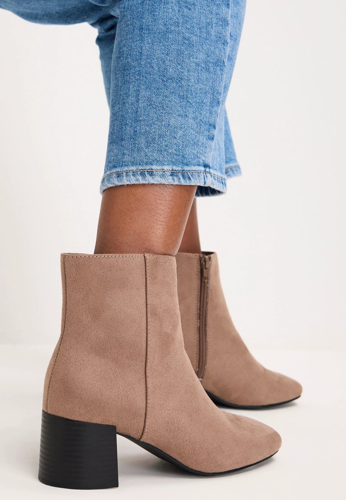 Womens Beige Block Heel Ankle Boots