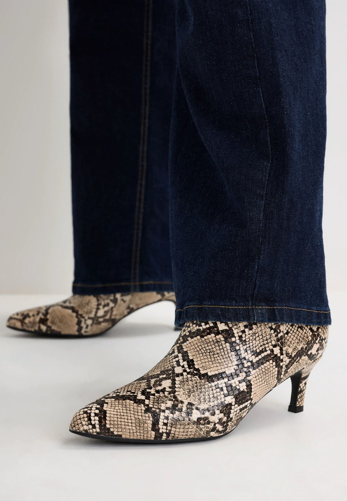Womens Beige Snake Print Kitten Heel Boots