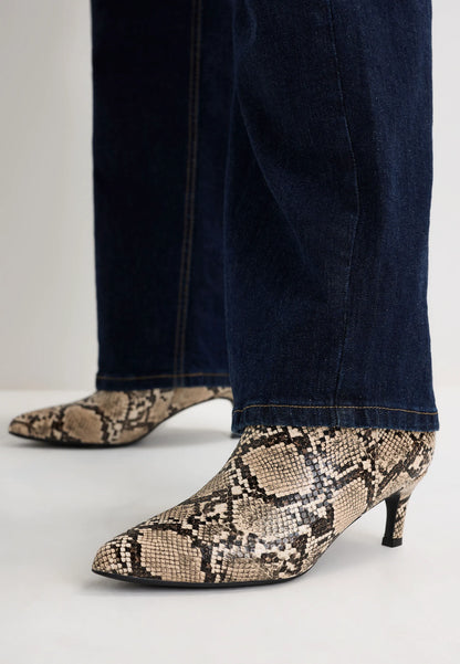 Womens Beige Snake Print Kitten Heel Boots