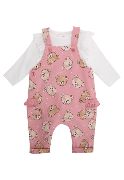 Baby Girls Pink Bear Dungaree & Frill Bodysuit Set
