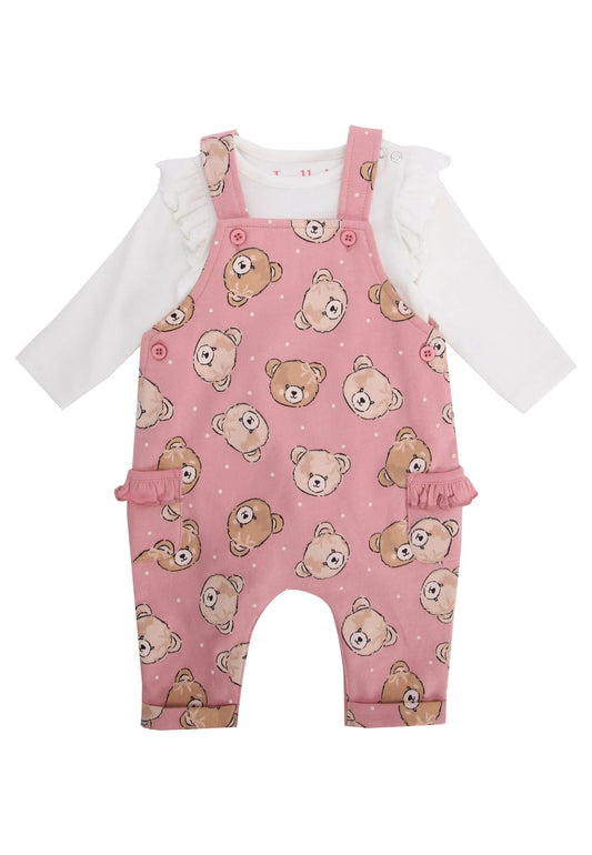 Baby Girls Pink Bear Dungaree & Frill Bodysuit Set