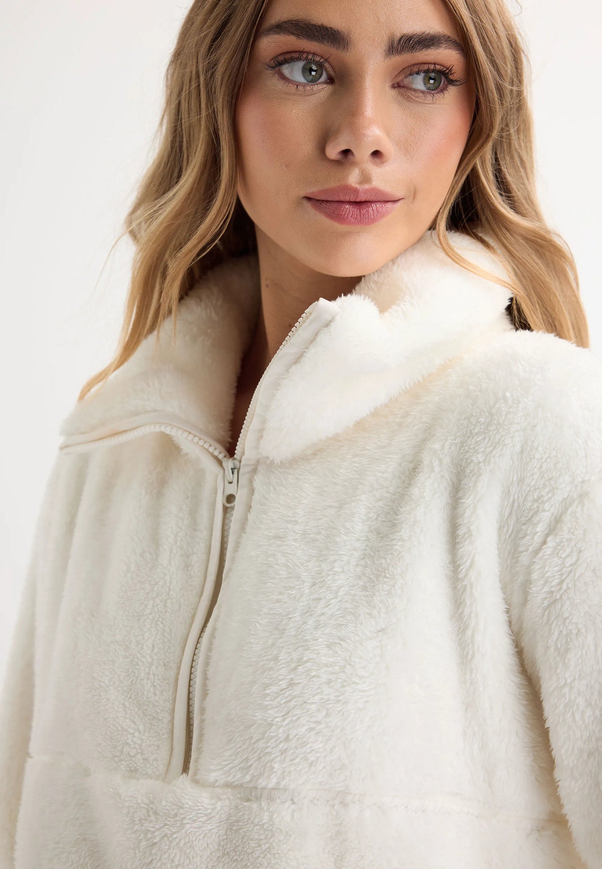 Womens Cream Cosy Zip Fleece Top