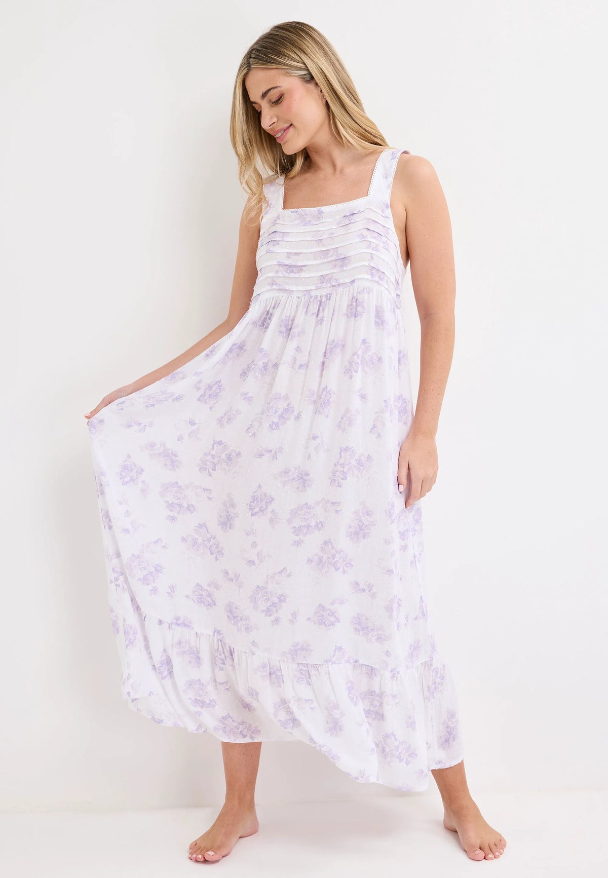 Womens Lilac Floral Pleated Chemise Nightdress