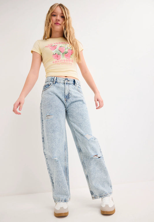 Older Girls Blue Extreme Ripped Wide Leg Jeans