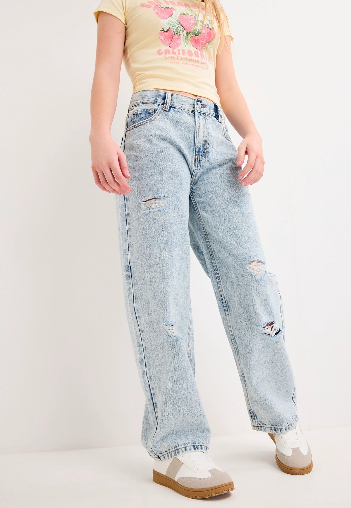 Older Girls Blue Extreme Ripped Wide Leg Jeans