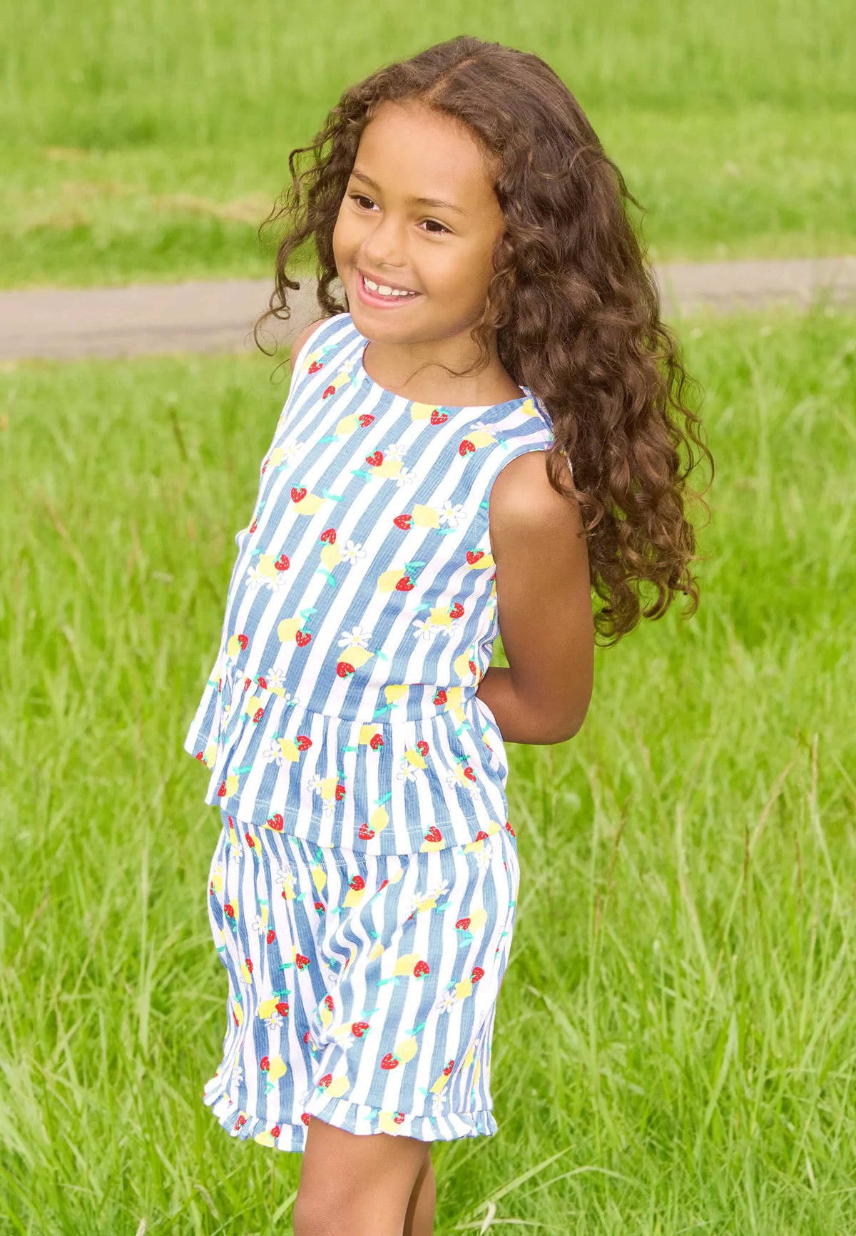 Younger Girls Blue Stripe Peplum Top and Shorts Set