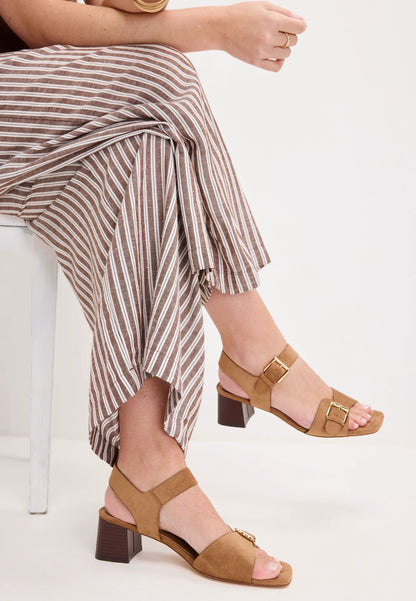 Womens Taupe Buckle Strap Block Heel Sandals