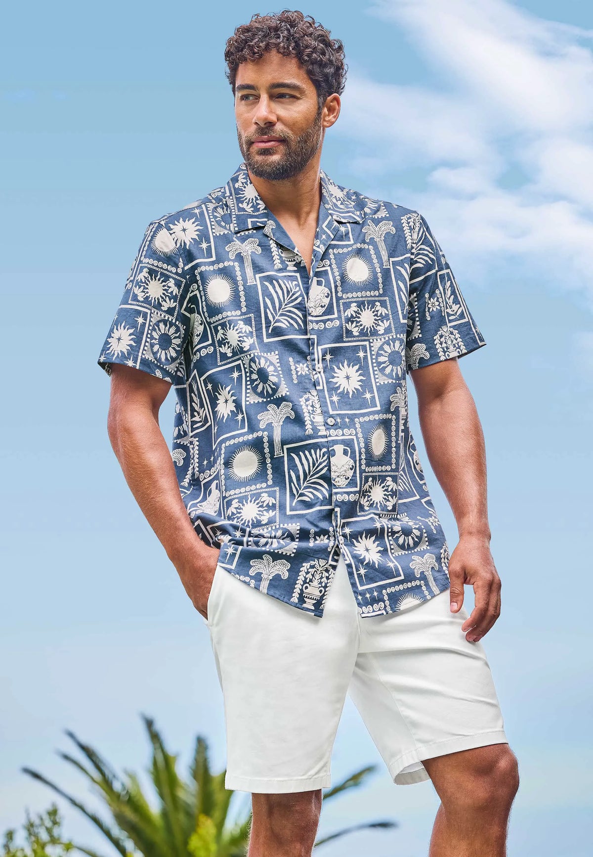 Mens Blue Tile Print Short Sleeve Shirt