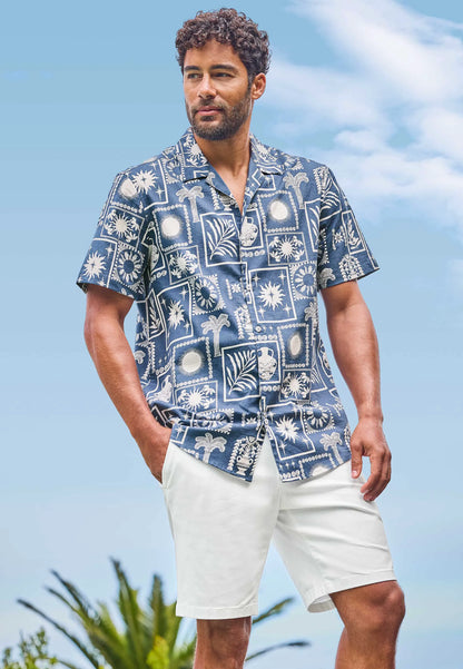 Mens Blue Tile Print Short Sleeve Shirt
