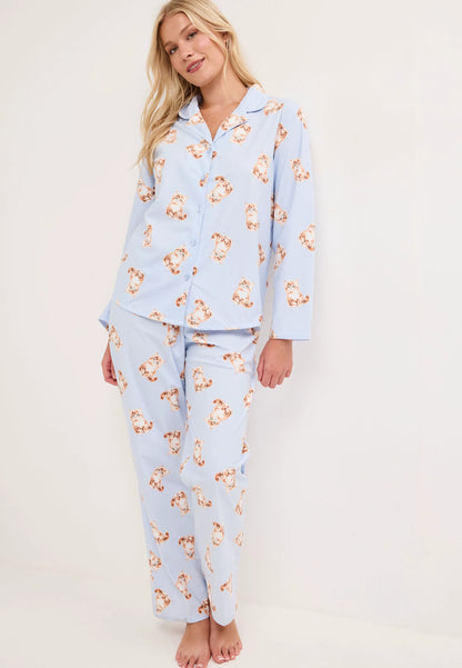 Womens Blue Cat Print Long Pyjama Set