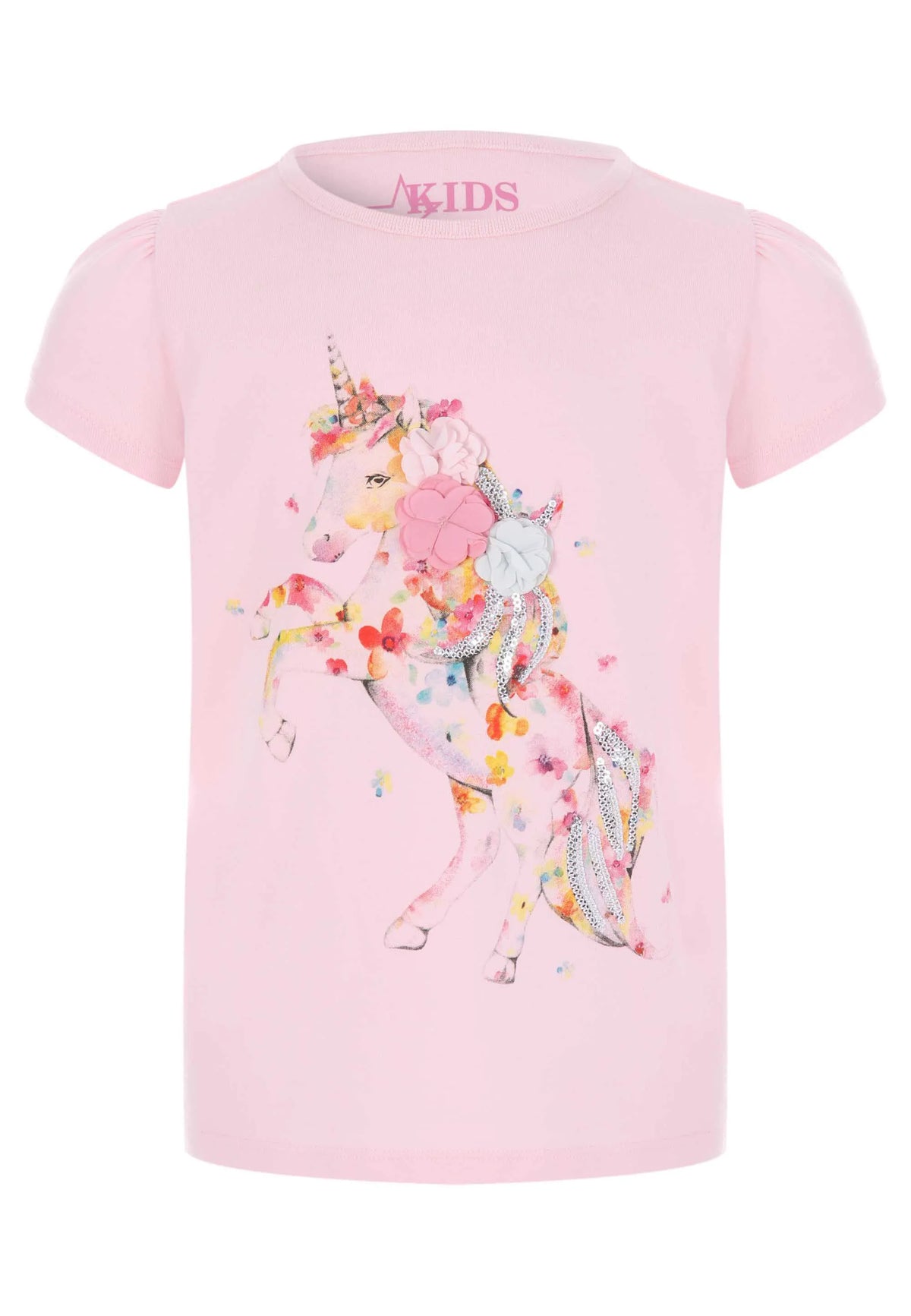 Younger Girls Pink Applique Sequin Unicorn T-Shirt