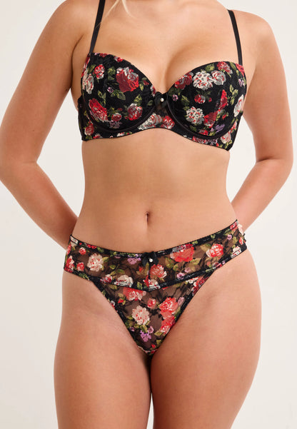 Womens Black Rose Lace Thong
