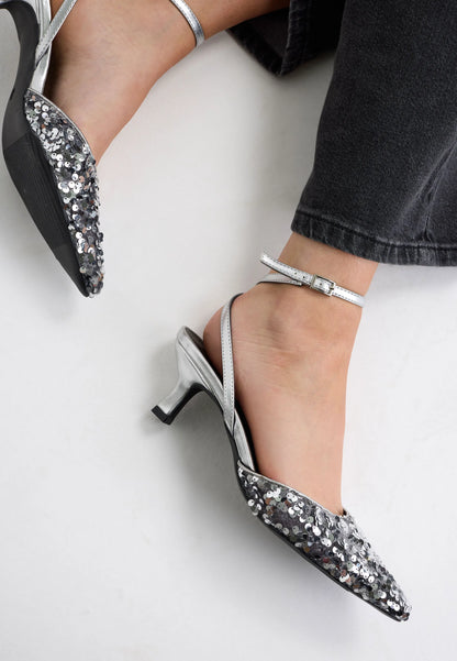 Womens Silver Sequin Kitten Heel Slingback Pumps