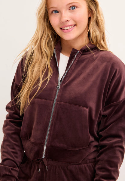 Older Girls Chocolate Brown Velour Zip Through Top