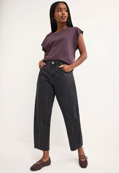 Womens Grey Leopard Print Barrel Jeans